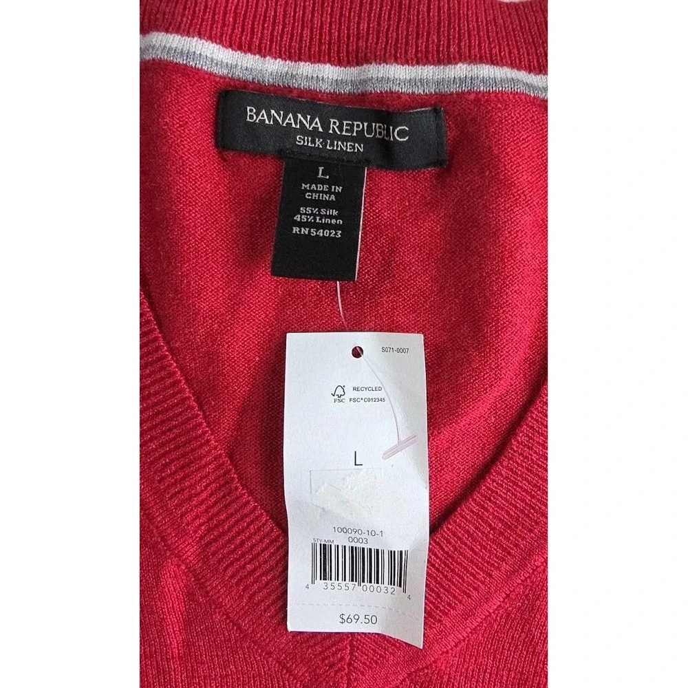 Banana Republic Sweater Mens Large Silk Linen Blend Lightweight V Neck RED NWT